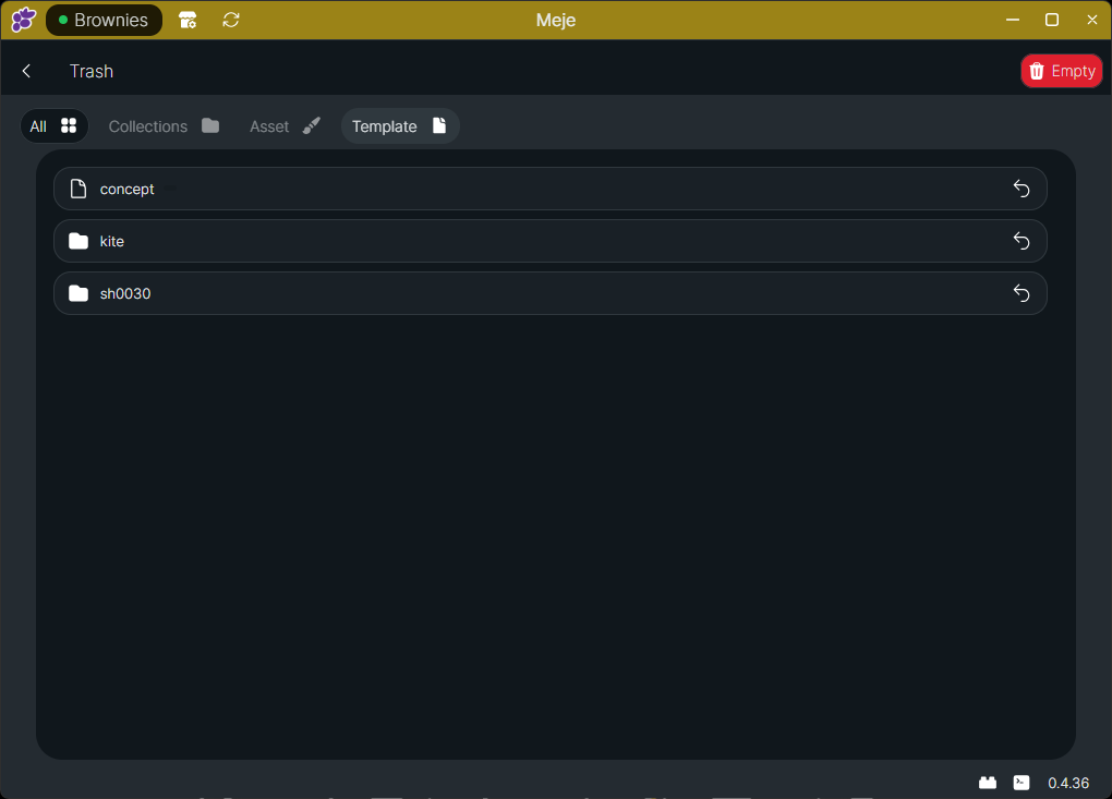 Clustta Trash view showing deleted items, filters, restore controls, and the Empty action